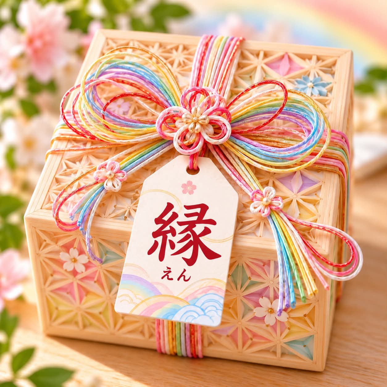 虹色の水引と「縁」の札を結んだ組子の箱