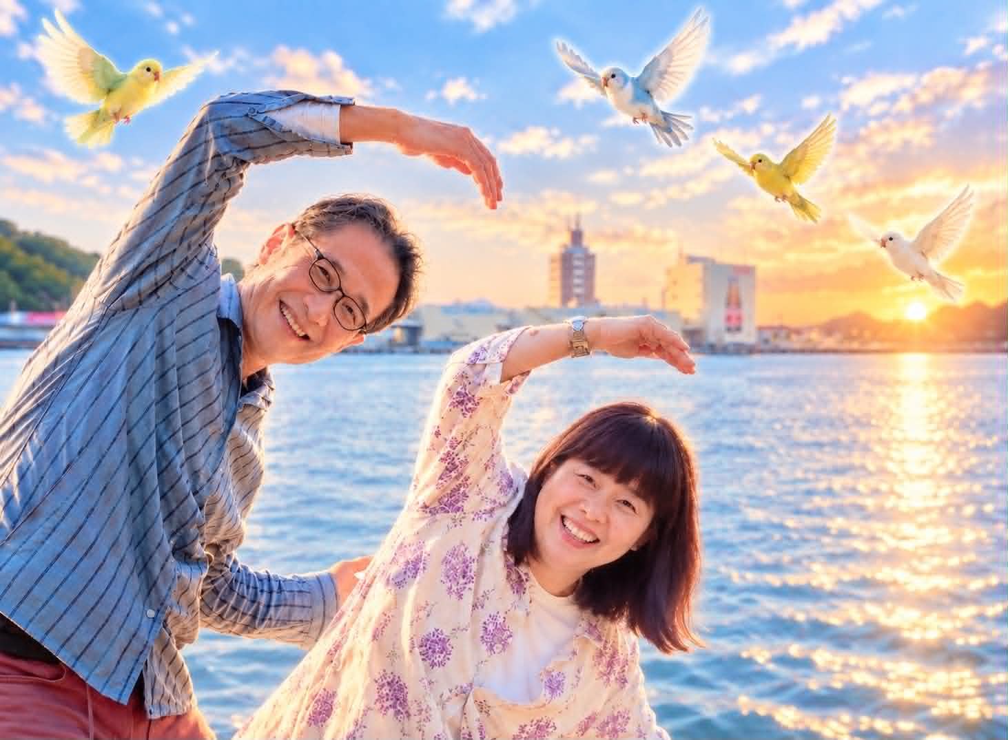 海辺で笑ういおんと泰三