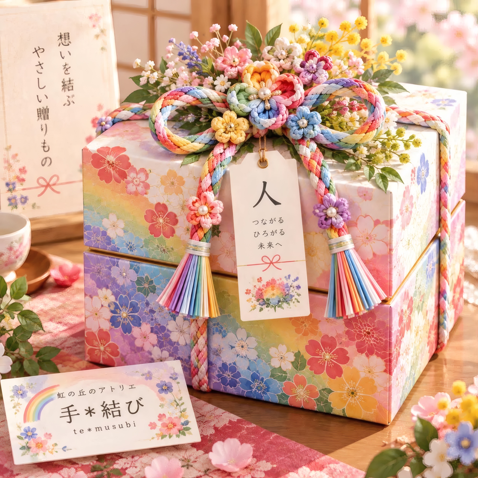 虹色の組紐と人の札を結んだ二重の箱