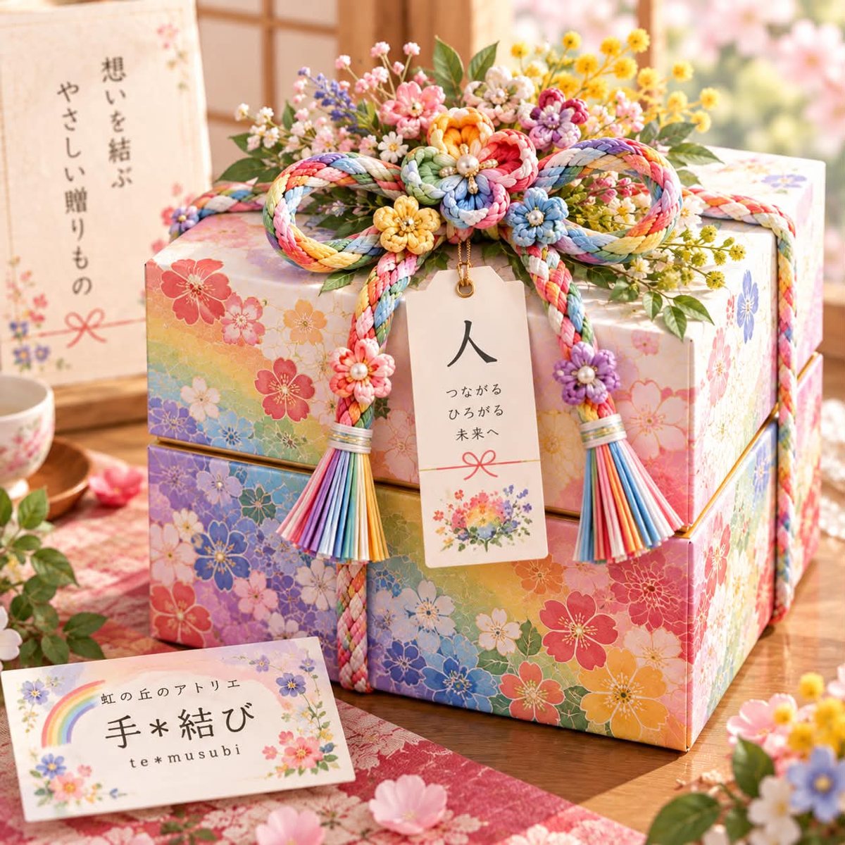 虹色の組紐と人の札を結んだ二重の箱