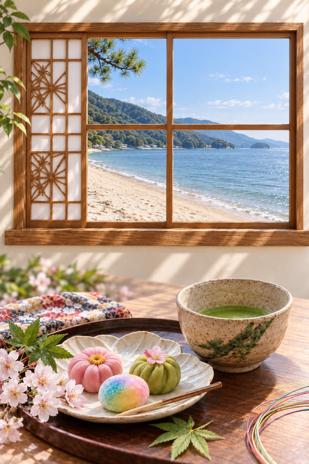 和風の窓から見える瀬戸内の海と、机の上のお茶とお茶菓子